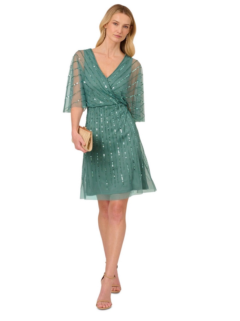 Papell Studio Beaded Short Dress Grenslate Size 18 W New with Tags